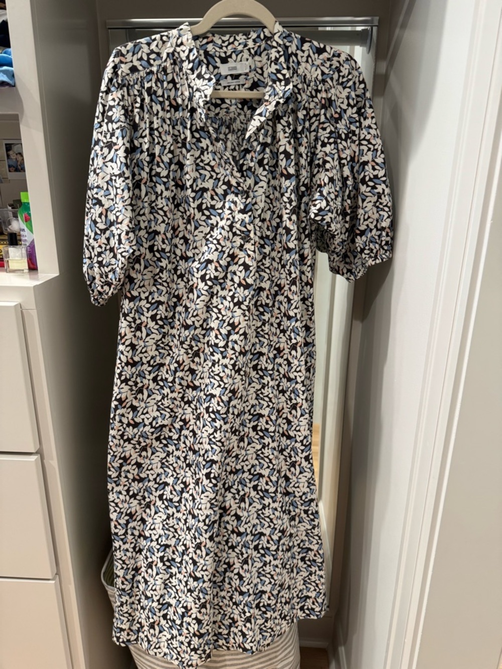 CLOSED Leaf-Print Midi Dress in Navy, Cream & Dusty Blue